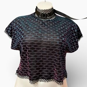 Devil Fashion Black Iridescent Mesh Women Crop Top Removable Leash/Collar NWT